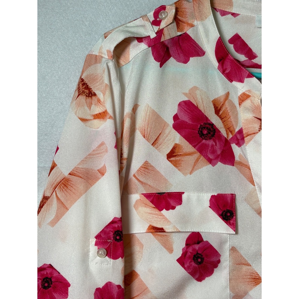 Calvin Klein Women Pink Floral Geometric Roll Tab Sleeve Button Up Blouse L - Picture 4 of 8